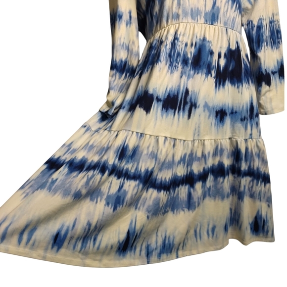 Simply Obsessed Dress Blue White Tie-dyed 3/4 Sleeves V-Neck Stretch Sz L NWT - Picture 6 of 10